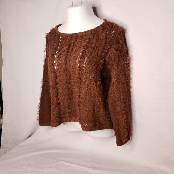 Amuse Juniors Brown Knit Sweater L Boho Fringed Lightweight Open Knit Womens - Picture 3 of 6